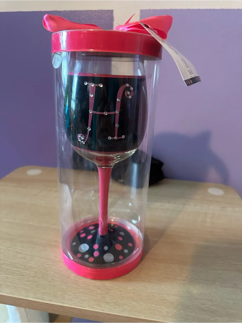 Monogrammed Rhinestone 'H' Wine Glass new in box- Hot Pink & Black